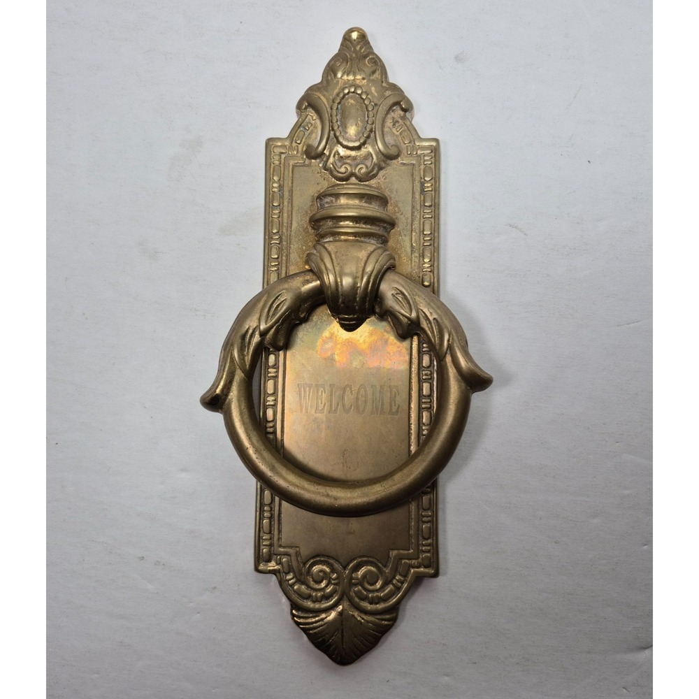 Vintage Brass Door Knocker Ornate 9 3/4" Long Ornate "Welcome" Heavy 1 lb+